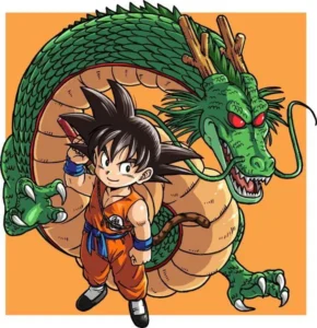 Image representant son goku et shenron de l'univers de dragon ball avec un fond orange