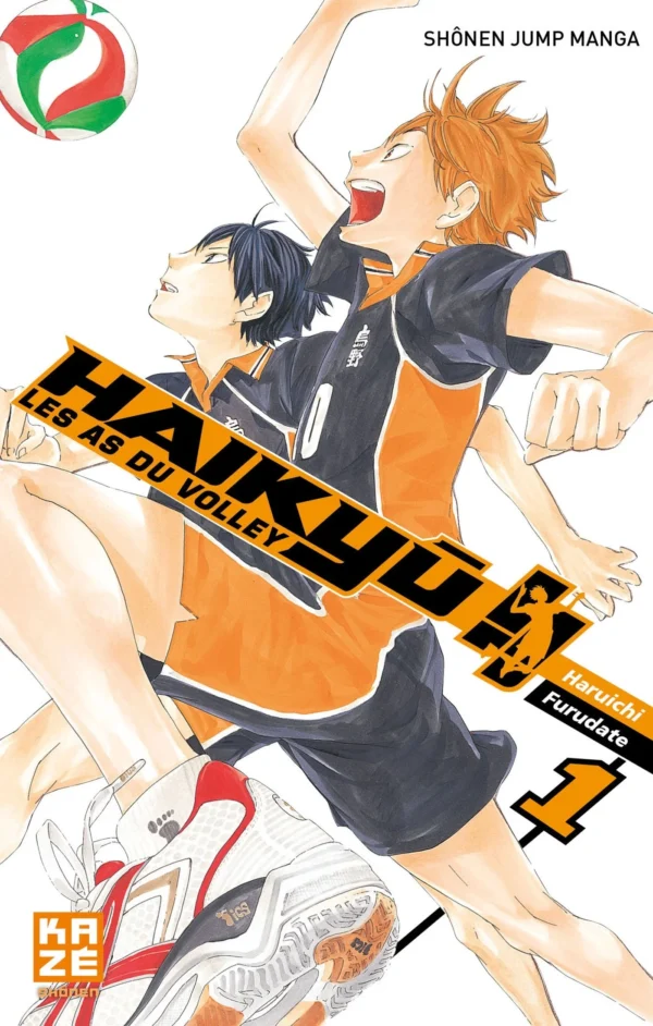 Tome 01 du manga Haikyu, deux personnages y sont présent Kageyama et Hinata avec un ballon de volley ball avec une balle de volley